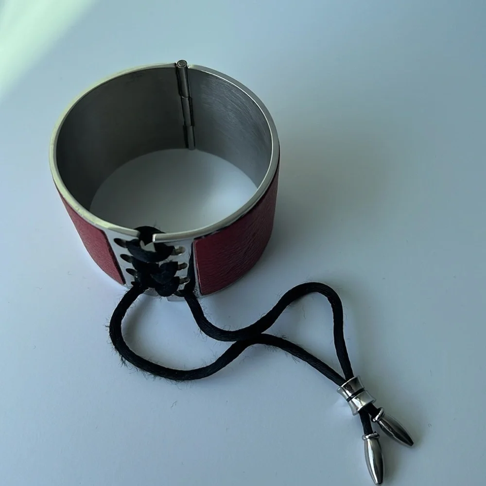 Adjustable red leather and silver hinged bracelet
